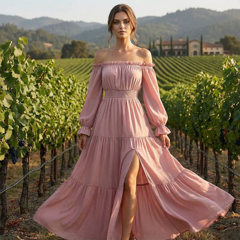 🥳2026 HOT SALE🥳💞50K+ SOLD!👵 🕊️50% OFF! Women's Off-Shoulder High-Waist Dress – Elegant & comfortable! Gentle support stays in place, flattering high waist. Perfect for summer gatherings or holidays. 🌸☀️