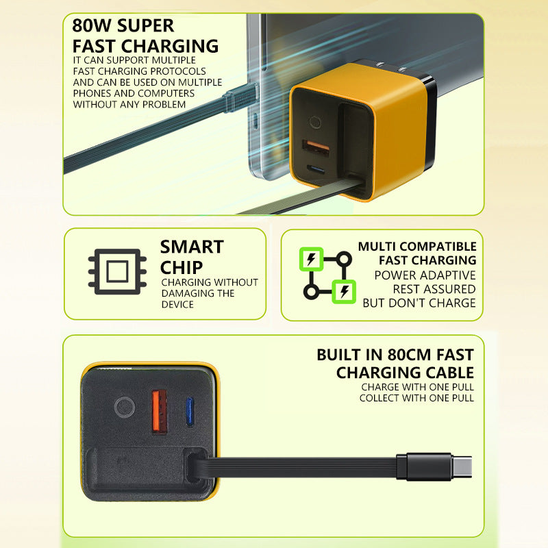 ⚡📱Multiport 65W PD Wall Charger | Built‑in Retractable Type‑C Cable
