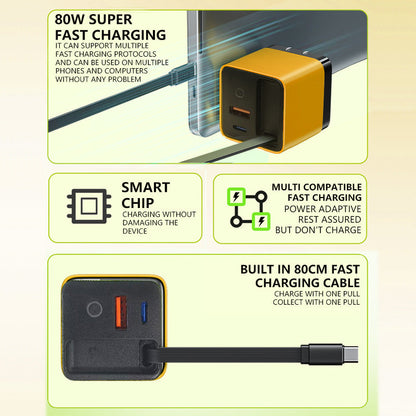 ⚡📱Multiport 65W PD Wall Charger | Built‑in Retractable Type‑C Cable