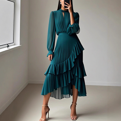 Women's Keyhole Neckline Ruffled Midi Dress