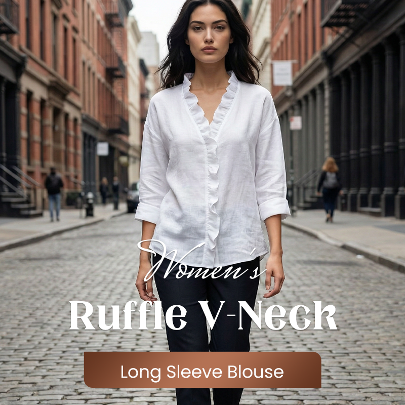 Women's Ruffle V-Neck Long Sleeve Blouse
