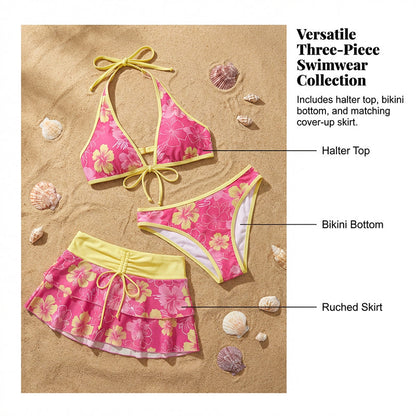 3-Piece Floral Halter Bikini Set with Ruffled Skirt