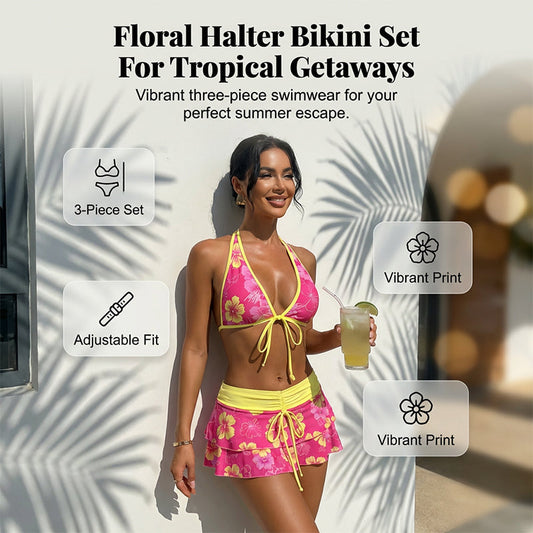 3-Piece Floral Halter Bikini Set with Ruffled Skirt