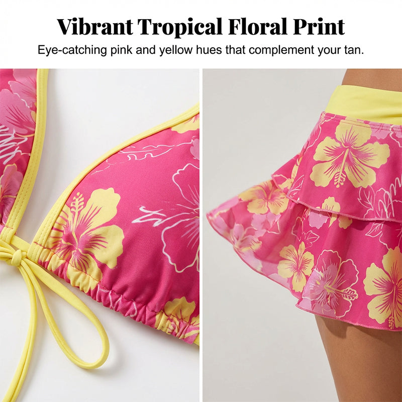 3-Piece Floral Halter Bikini Set with Ruffled Skirt