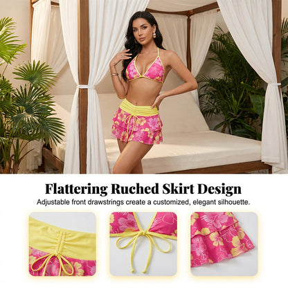 3-Piece Floral Halter Bikini Set with Ruffled Skirt
