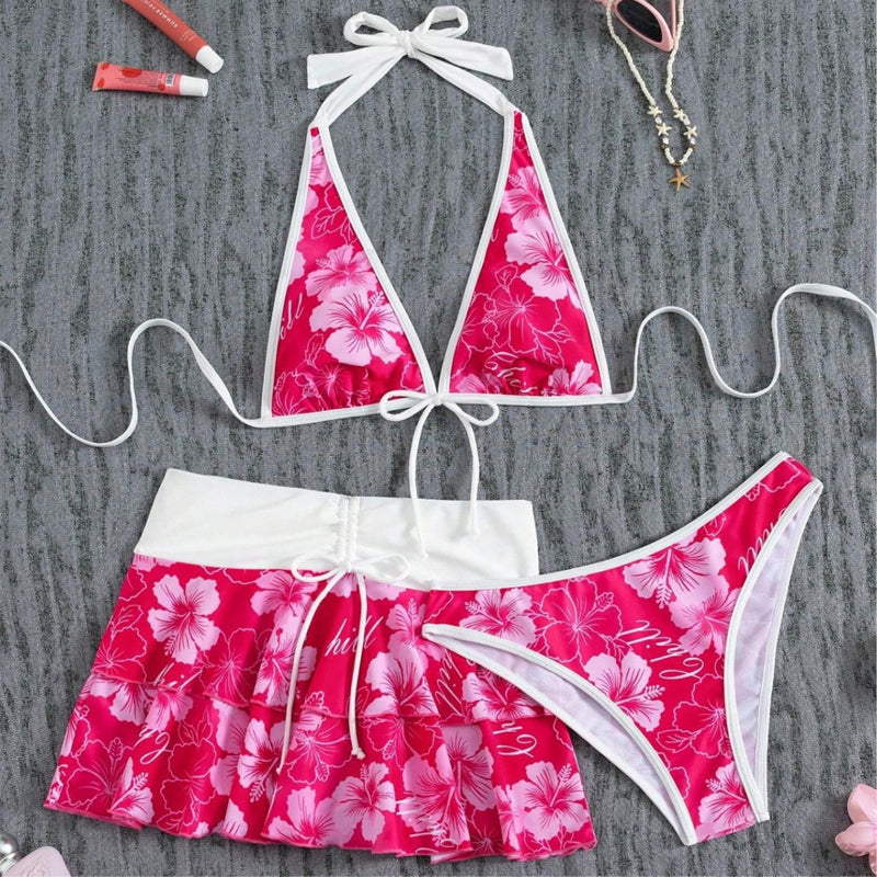3-Piece Floral Halter Bikini Set with Ruffled Skirt