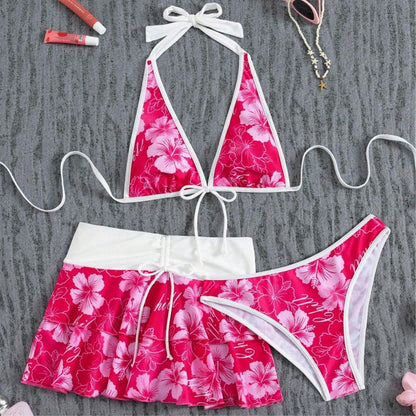 3-Piece Floral Halter Bikini Set with Ruffled Skirt