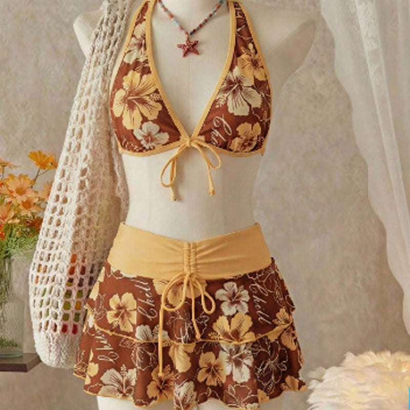 3-Piece Floral Halter Bikini Set with Ruffled Skirt