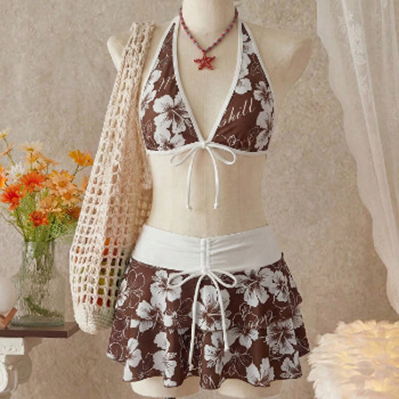 3-Piece Floral Halter Bikini Set with Ruffled Skirt