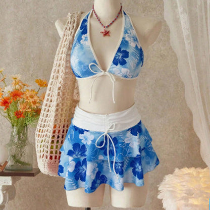 3-Piece Floral Halter Bikini Set with Ruffled Skirt