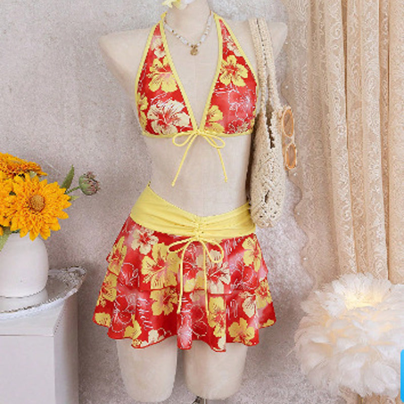 3-Piece Floral Halter Bikini Set with Ruffled Skirt