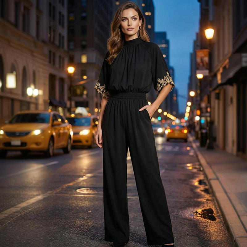 Women's Elegant Mock-Neck Half-Sleeve Jumpsuit
