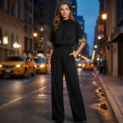 Women's Elegant Mock-Neck Half-Sleeve Jumpsuit
