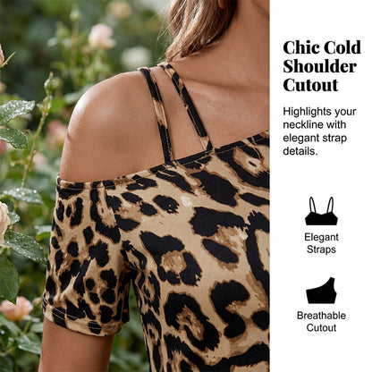 Asymmetrical Neck Leopard Print Mini Dress