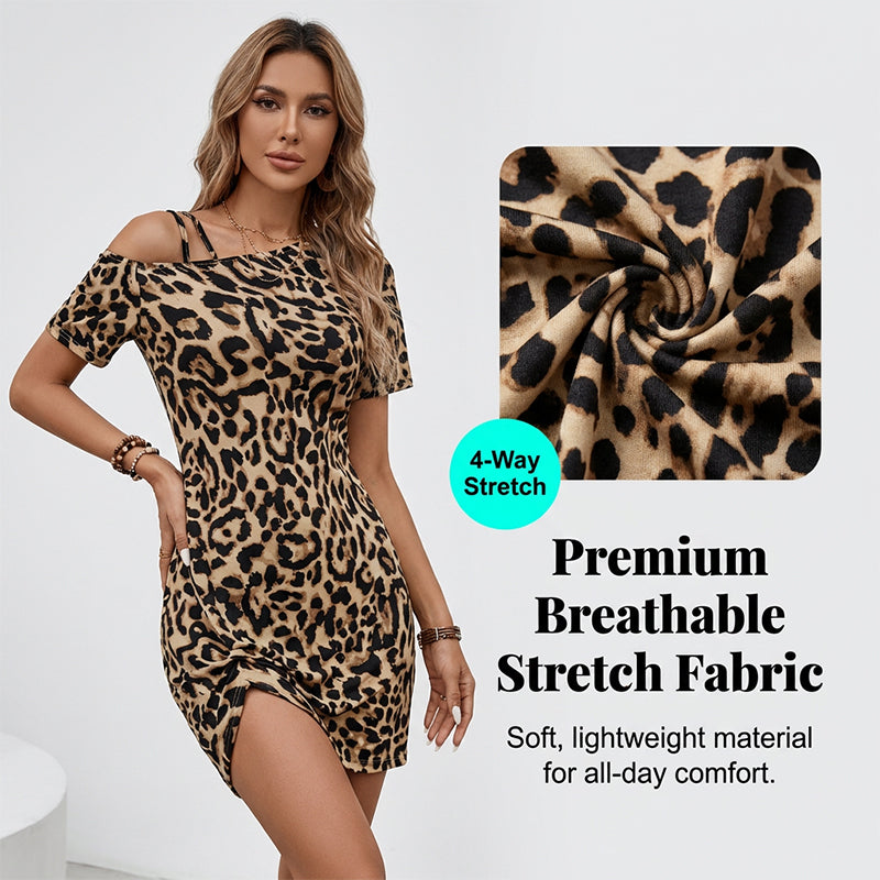 Asymmetrical Neck Leopard Print Mini Dress