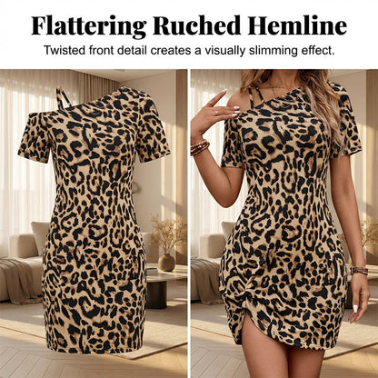 Asymmetrical Neck Leopard Print Mini Dress