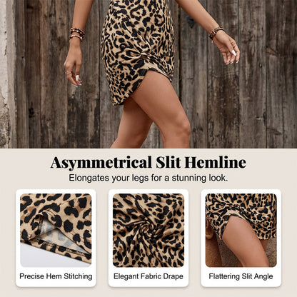 Asymmetrical Neck Leopard Print Mini Dress