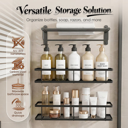 💥LAST DAY SALE 50%OFF💥No-Drill Bathroom Shelf Set 🧴🛁 – Rustproof Carbon Steel, Quick-Drain, Modular Storage