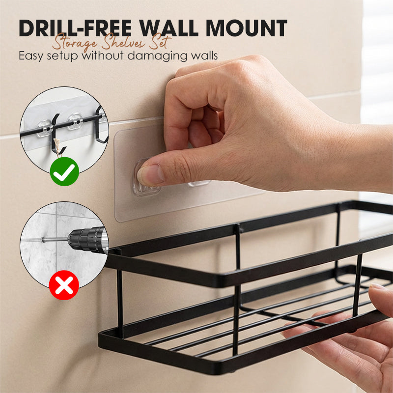 💥LAST DAY SALE 50%OFF💥No-Drill Bathroom Shelf Set 🧴🛁 – Rustproof Carbon Steel, Quick-Drain, Modular Storage