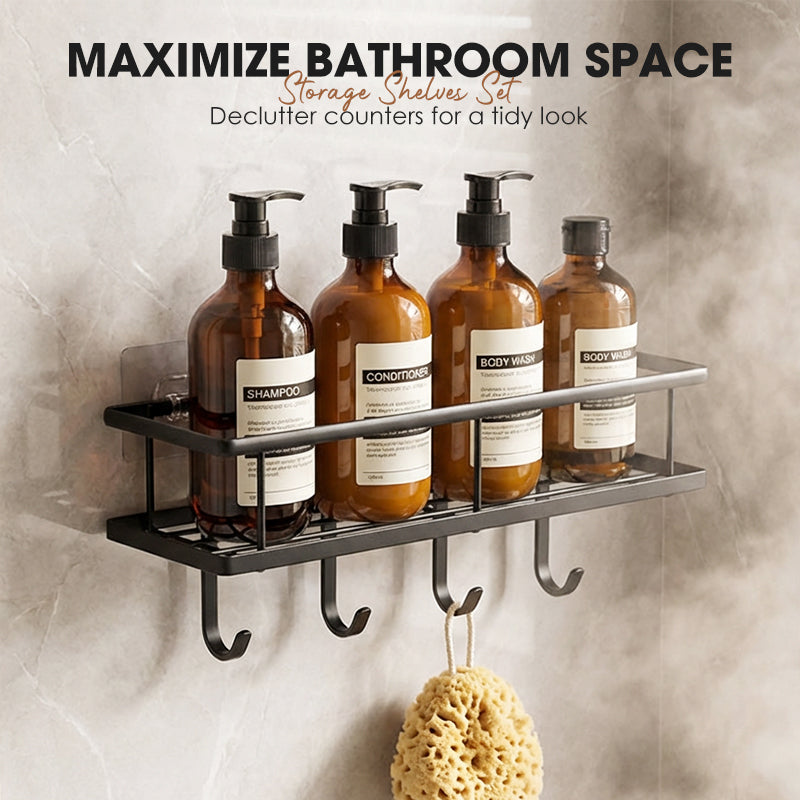💥LAST DAY SALE 50%OFF💥No-Drill Bathroom Shelf Set 🧴🛁 – Rustproof Carbon Steel, Quick-Drain, Modular Storage