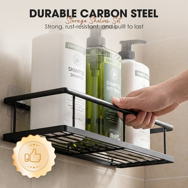 💥LAST DAY SALE 50%OFF💥No-Drill Bathroom Shelf Set 🧴🛁 – Rustproof Carbon Steel, Quick-Drain, Modular Storage