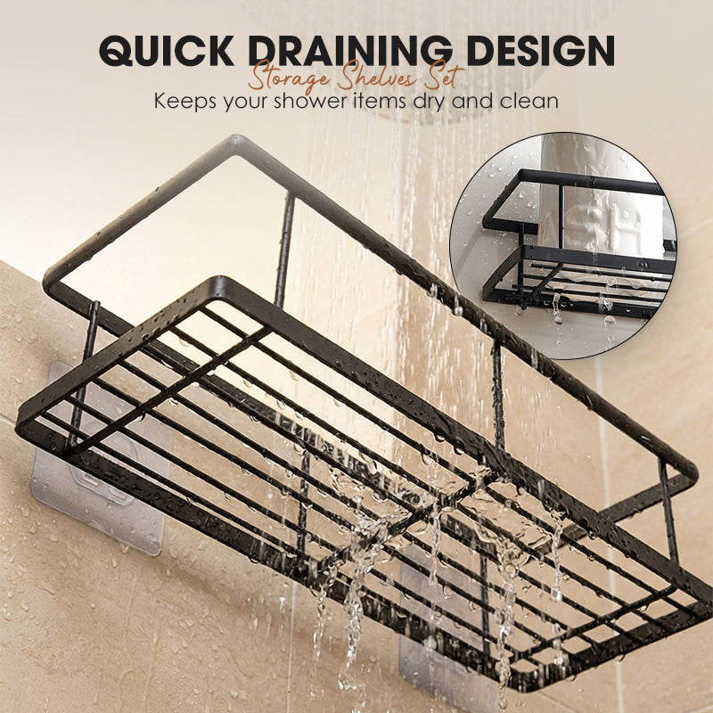 💥LAST DAY SALE 50%OFF💥No-Drill Bathroom Shelf Set 🧴🛁 – Rustproof Carbon Steel, Quick-Drain, Modular Storage