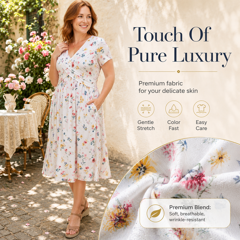 🌸 Floral V-neck dress with a twist at the waist—elegant and casual for any occasion