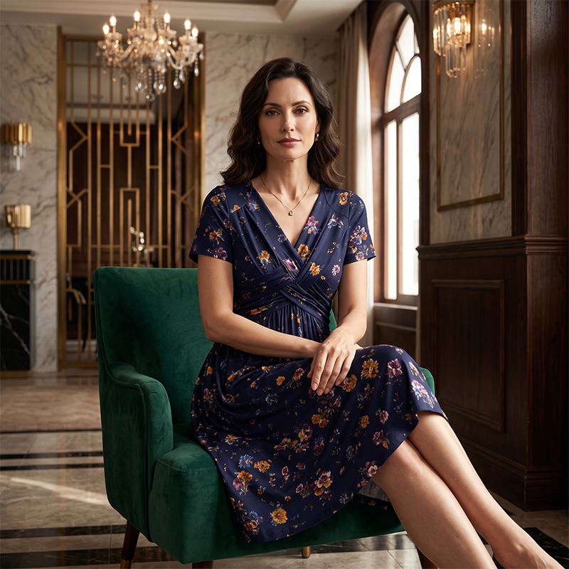 🌸 Floral V-neck dress with a twist at the waist—elegant and casual for any occasion