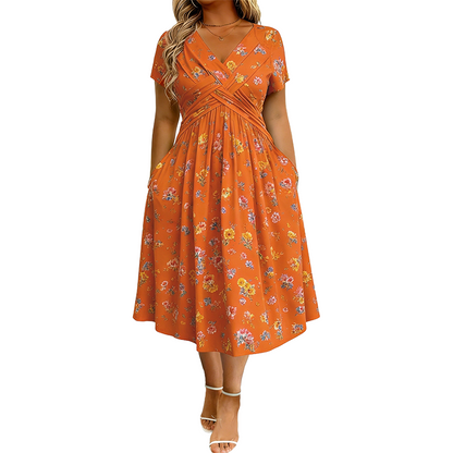 🌸 Floral V-neck dress with a twist at the waist—elegant and casual for any occasion