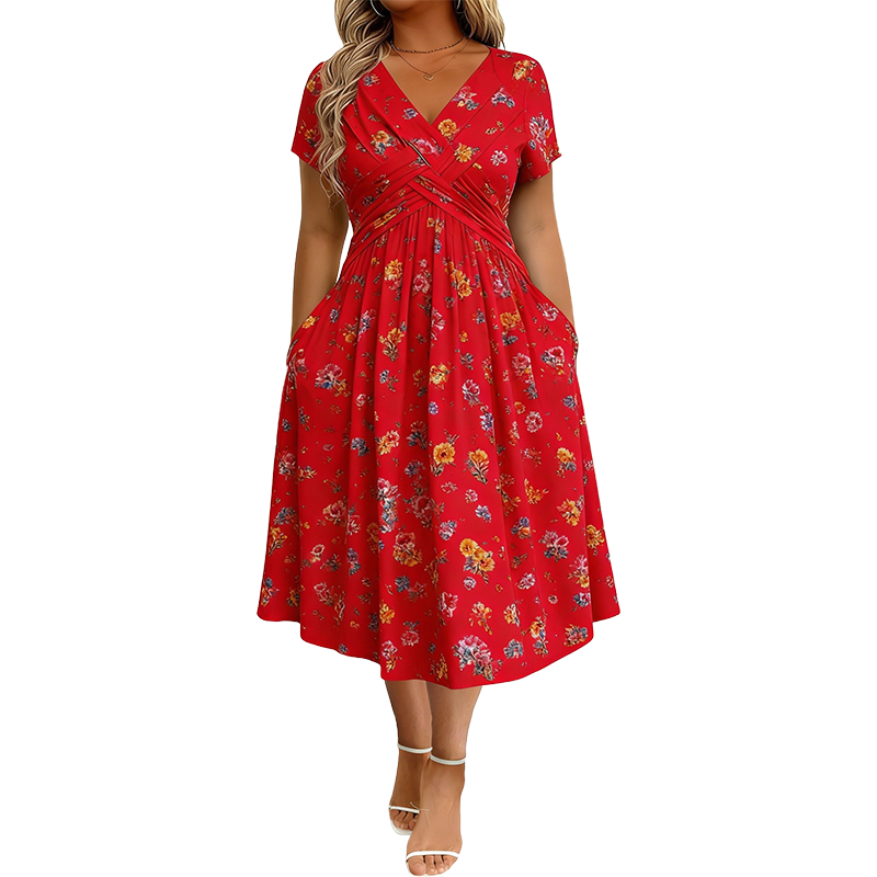 🌸 Floral V-neck dress with a twist at the waist—elegant and casual for any occasion