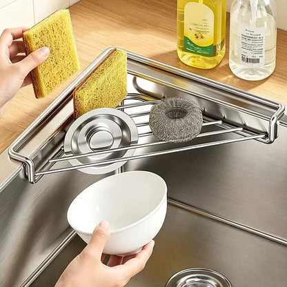 🧽 No More Slimy Sponges – Stainless Steel Corner Rack with Fast-Drain Tray. Keeps Counters Dry. US Stock