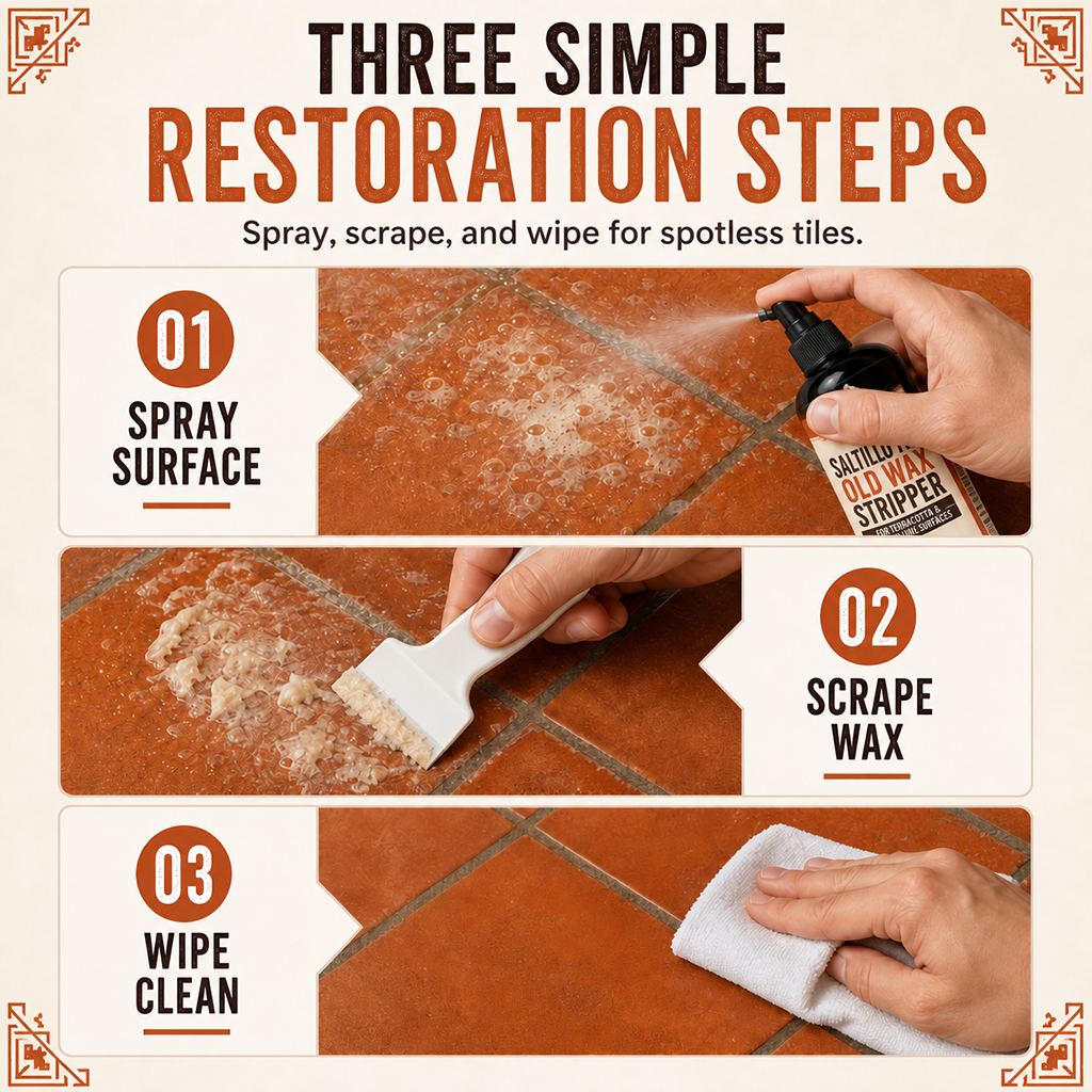 🥳HOT SALE🥳💞50K+ SOLD! 🧴🧽 50% OFF! Terracotta & Saltillo Tile Wax Remover Spray – active foam dissolves thick wax, includes scraper. Restore natural matte finish in 3 steps! 🏺✨