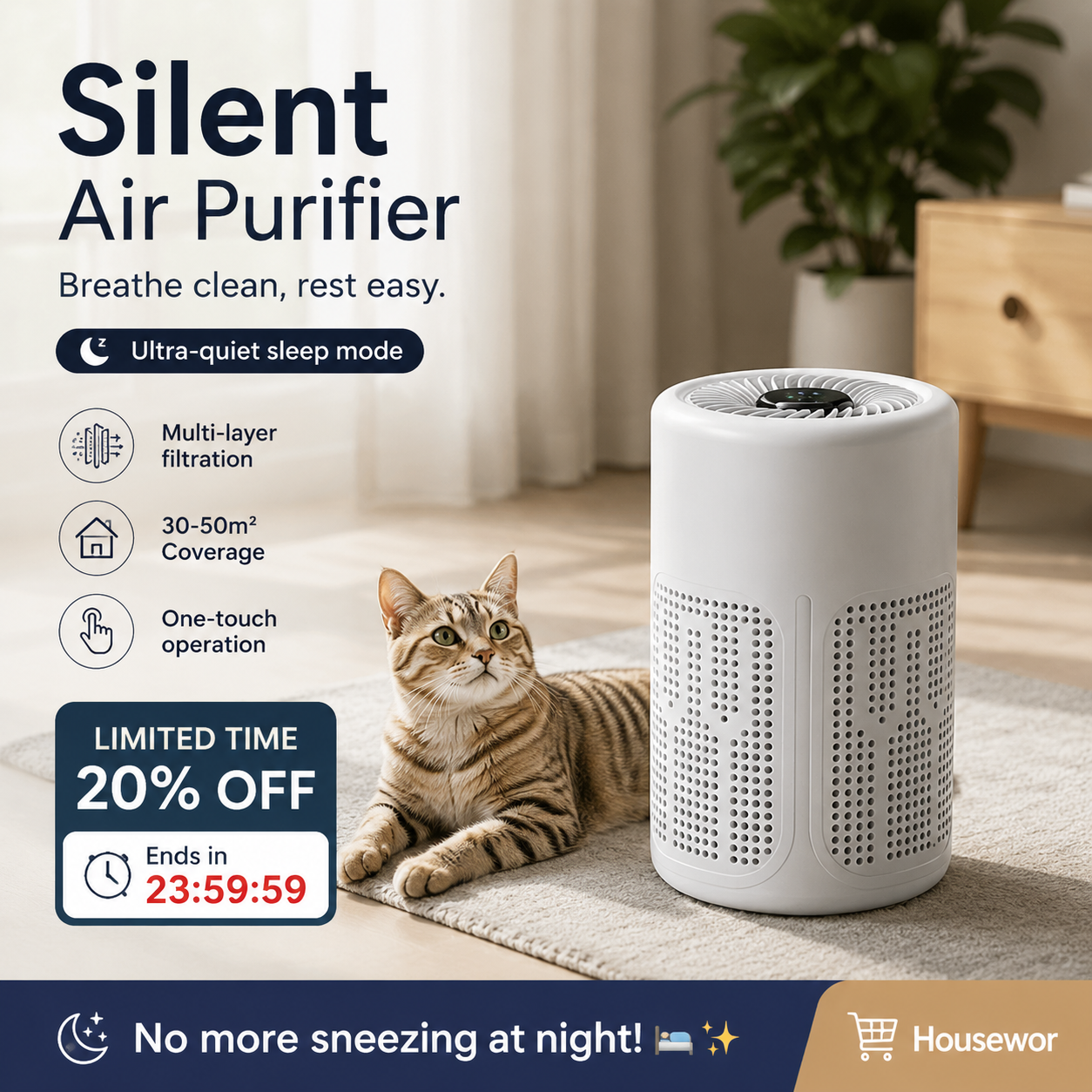 🥳2026 HOT SALE🔇 50% OFF! Silent Air Purifier – Multi‑layer filtration, ultra‑quiet sleep mode. Covers 30‑50m², one‑touch operation. Breathe clean, rest easy. No more sneezing at night! 🛌✨