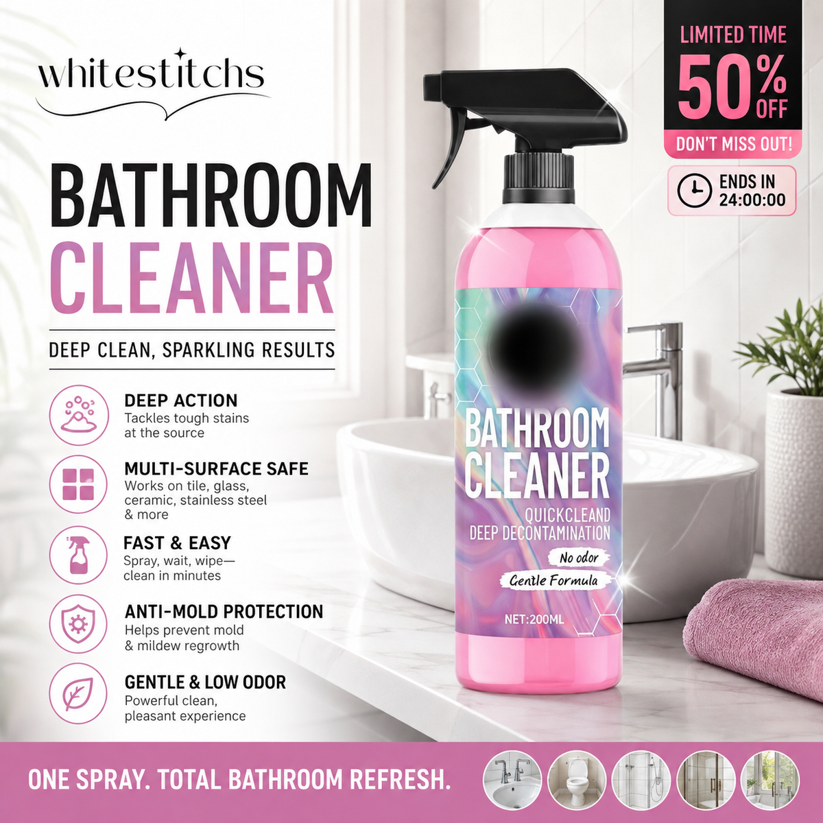 ⏳🔥LIMITED-TIME 50% OFF! ⏰Bathroom Cleaner – Dissolves Limescale & Mold, Inhibits Regrowth. Sparkling Bathroom – Grab Yours! ✅