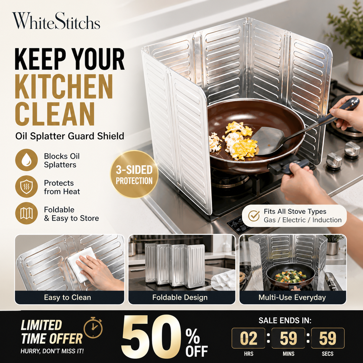 ⭐DON'T MISS 50% OFF!🍳🔥 Stop oil splatter before it hits your walls — this foldable shield catches grease, wipes clean in seconds, and stores flat. No scrubbing, no mess, no regrets. 🛡️