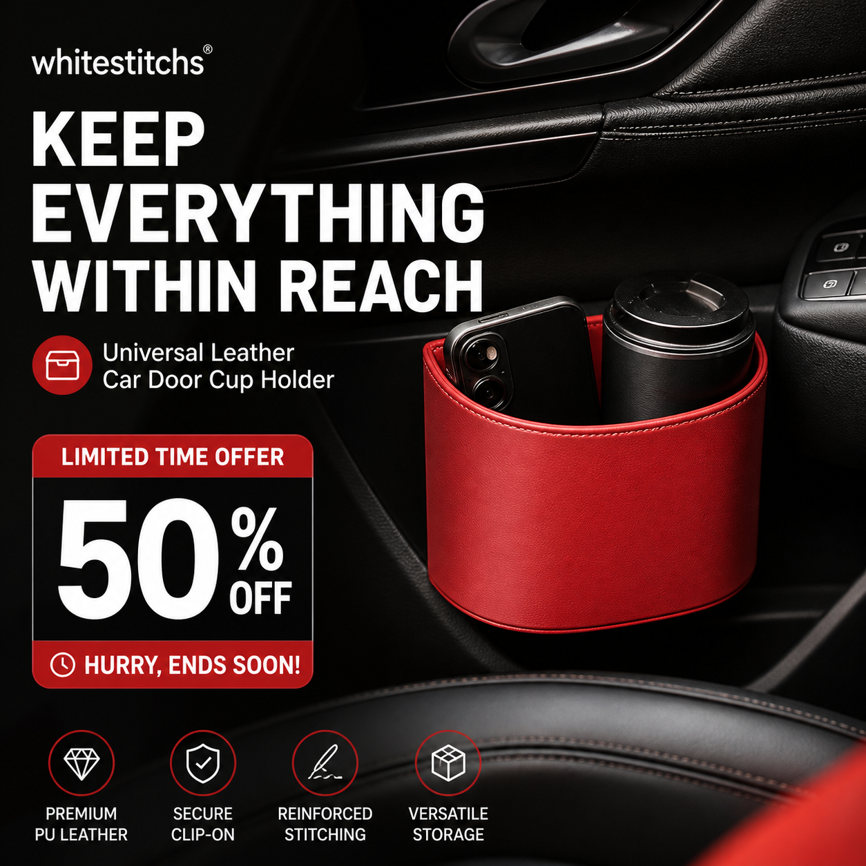 🥳2026 HOT SALE🥳💞50K+ SOLD!🚗🧺 53% OFF! Leather Car Door Cup Holder – Wide‑mouth opening, easy reach for drinks & phone. Clip‑on secure fit. PU leather, tough & stylish. 🛡️✨