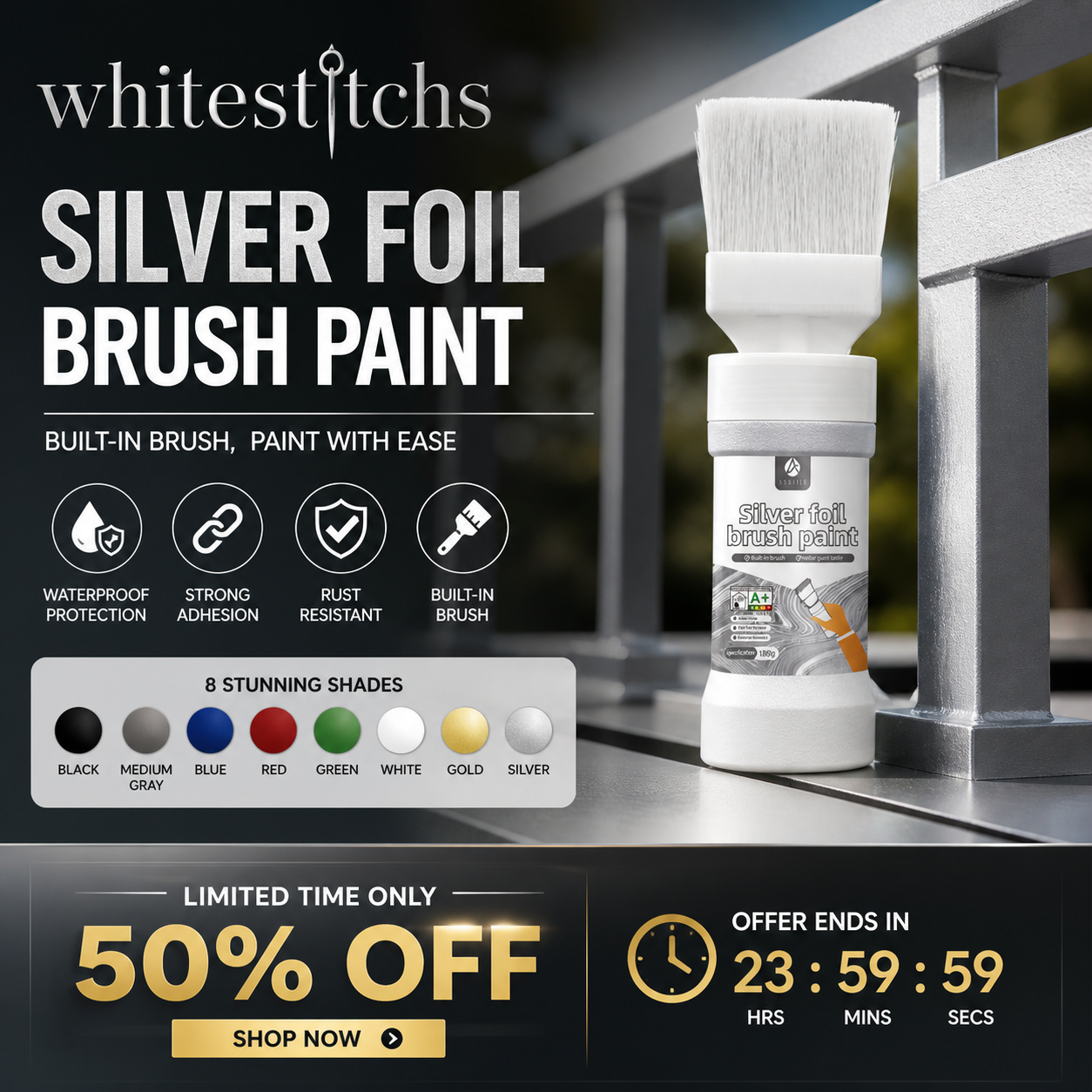⏰ LIMITED TIME 50% OFF! 🔥✨Water-Based Metallic Silver Paint with Built-in Brush